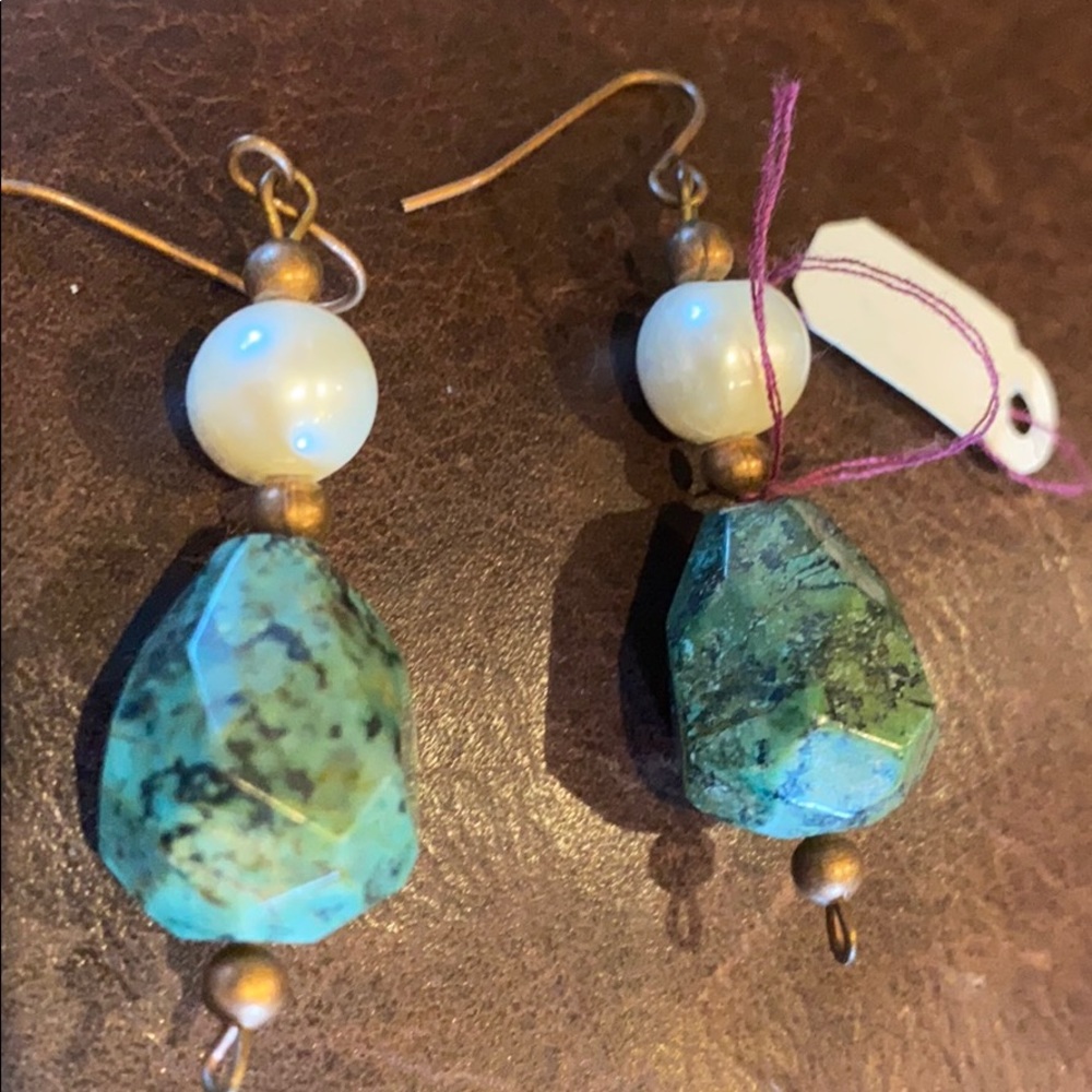 NEW Drop Earrings, Turqouise, Pearl and Bronze